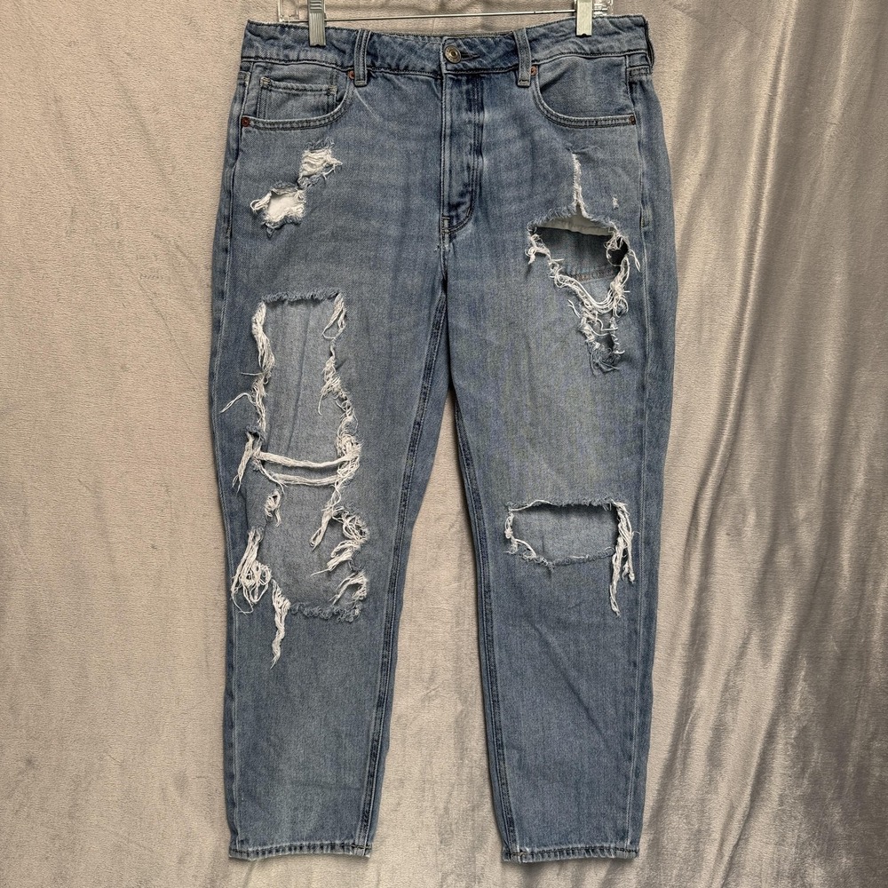 American Eagle Jeans Womens 12 Blue 1977 High Rise Distressed‎ Ripped Mom Denim